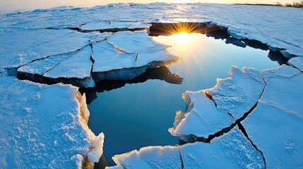 Poster - Sunset light reflecting across fractured ice sheet, dramatic seasonal closeup with glowing cracks