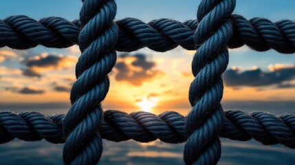 Poster - Sunset blurred behind tight black rope network, abstract depth and contrast composition
