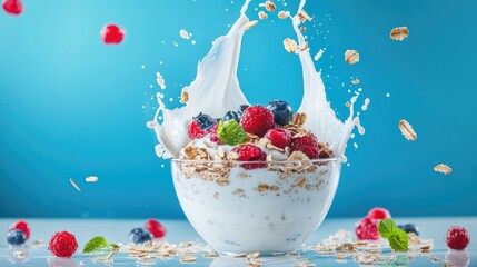 Poster - Splashing milk over layered yogurt bowl with berries and oats, vibrant and energetic food scene