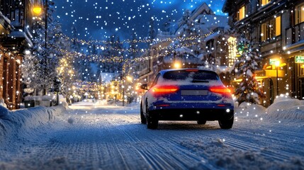 Aufkleber - Self-driving car cruising through snow-covered village streets, glowing lights and snowfall at night
