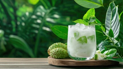 Aufkleber - Refreshing bael fruit drink with crushed ice and Thai herbs on wooden table with leafy background