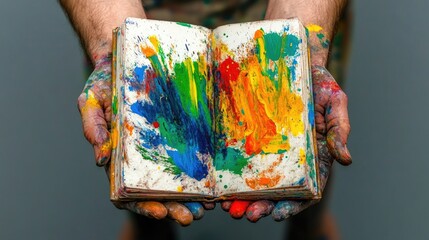 Poster - Open sketchbook held by stained hands, vibrant paint smears and rough textures, artist moment