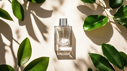 Poster - Minimal glass bottle surrounded by leaves on a soft beige backdrop, clean and natural product scene