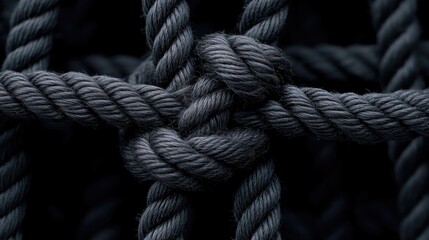 Poster - Macro of tightly knotted coarse rope, natural fiber strands under pressure
