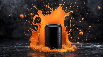 Poster - High-speed orange liquid splash hitting matte black can, bold and intense product visual