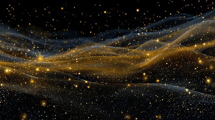 Poster - Swirling golden particles create a mesmerizing pointillism effect against a dark background with shimmering waves