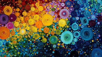 Poster - Colorful pointillism depicting abstract circular patterns with vibrant hues in a visually dynamic composition