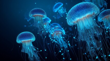 Poster - Elegant display of luminous jellyfish in deep blue waters showcasing pointillism style artistry