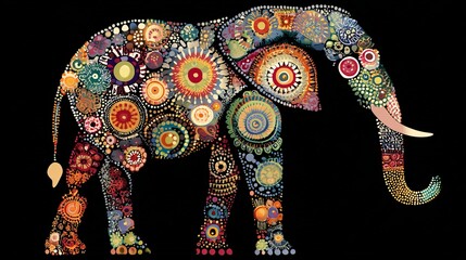 Poster - Pointillism artwork of an elephant adorned with colorful floral patterns against a dark background