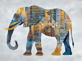 Poster - Colorful elephant in pointillism style featuring intricate patterns and designs on a light background