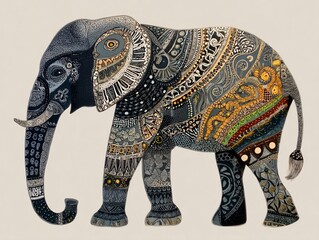 Poster - Colorful pointillism artwork depicting an intricately designed elephant with various patterns and textures