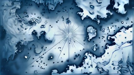Poster - Intricate pointillism artwork depicting abstract forms and star-like structures in a serene blue landscape with hints of darker elements