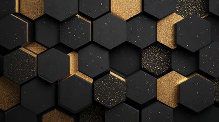 Poster - Abstract pointillism art featuring hexagonal patterns in black and gold tones enhancing modern decor