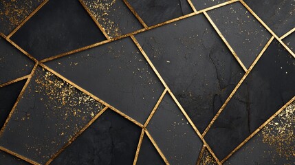 Poster - Artistic pointillism in a textured black and gold abstract design featuring geometric shapes