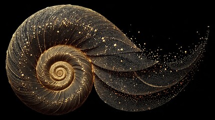 Poster - Stunning pointillism representation of a spiral shell showcasing intricate details and golden accents against a dark background