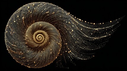 Poster - Intricate pointillism design of a spiraling nautilus shell with golden specks and flowing details