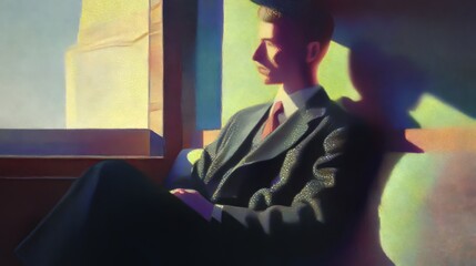 Poster - Man seated in profile illuminated by soft light in pointillism style at an indoor location during the day