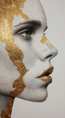 Poster - Pointillism artwork featuring a woman's profile enhanced with gold accents in a contemporary style