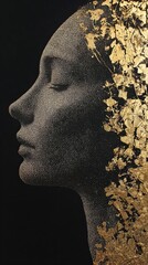 Poster - Elegant pointillism portrait capturing a serene expression with golden accents on a dark background