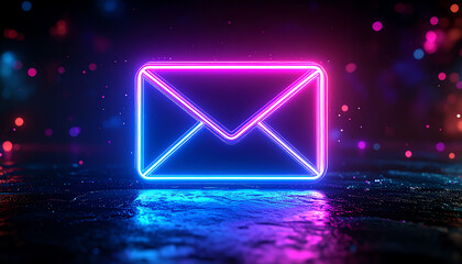 A glowing neon envelope against a dark background, surrounded by colorful bokeh lights, creating a vibrant and modern digital aesthetic