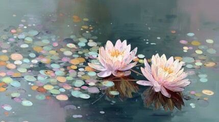 Poster - Beautiful pointillism depiction of water lilies floating on a serene pond surrounded by colorful reflections