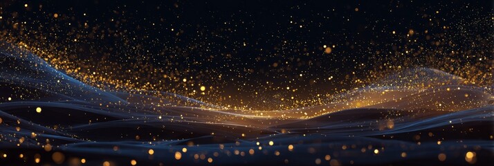 Poster - Pointillism style artwork depicting vibrant golden lights and flowing waves against a dark background
