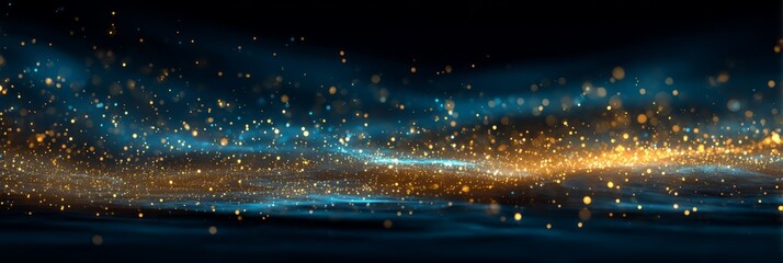 Poster - Abstract pointillism artwork depicting shimmering particles in a blue and gold color palette, creating a mesmerizing visual effect