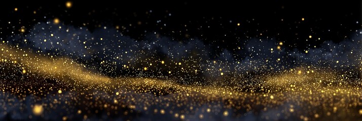 Poster - Golden sparkles in a dark atmosphere creating a pointillism effect with glowing elements and texture