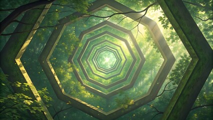Aufkleber - Geometric tunnel through lush green forest canopy with sunlight filtering through the leaves above