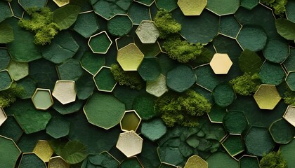 Aufkleber - A green and gold hexagon pattern with moss accents creating a natural and luxurious design element