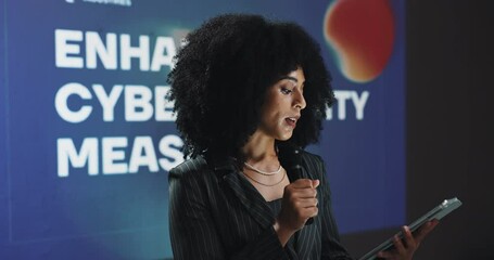 Aufkleber - Woman, speaker and tablet at conference event for enhanced cybersecurity measures. Person, public speaking and presentation for online cyberattacks, data protection and innovation for digital safety