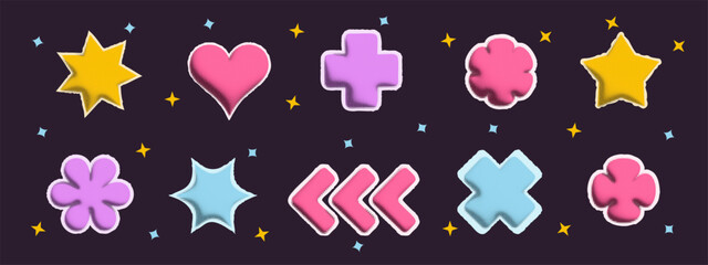 Poster - 3D halftone grunge shapes in Y2K style. Pixel bitmap star, heart, flower, arrow, cross with grainy gradient texture. Colorful distorted elements on dark vector background.