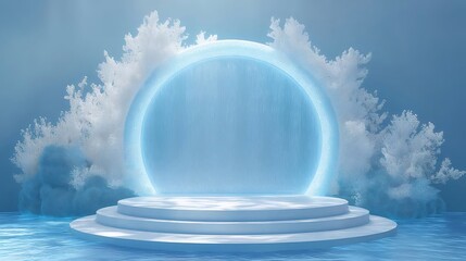 Poster - 神秘的な青色の光の円形装飾背景と雪と雲の美しい風景 三次元レンダリング