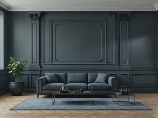 Aufkleber - ダークグレーの壁とソファを備えたモダンリビングルーム 内装デザイン 黒い植木鉢の緑の植物と長方形のラグ