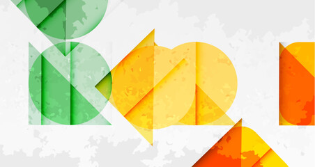 Poster - Abstract geometric shapes overlap, creating colorful design. Green, yellow, orange hues dominate textured background. Modern, artistic composition.