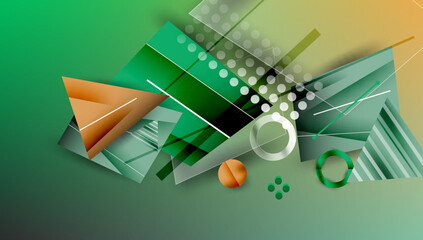 Poster - Abstract geometric composition. Green, orange hues dominate. Shapes overlap, creating dynamic visual effect. Modern design elements present.