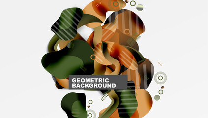 Fototapete - Abstract geometric shapes overlap, creating dynamic composition. Colors include green, orange, brown, plus white background. Modern design.