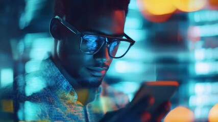 Poster - Financial data analysis conducted by a focused biracial businessman with modern technology, financial data processing over biracial businesswoman in office