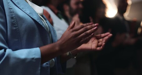 Aufkleber - Business people, night or applause in meeting at seminar for award ceremony, thank you or well done. Closeup, group or team clapping in late evening for success, good job or presentation at summit