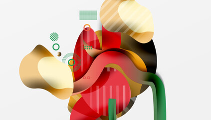 Poster - Abstract composition. Overlapping shapes, vibrant colors, dynamic forms create modern visual experience. Red dominates, complemented by gold, green.
