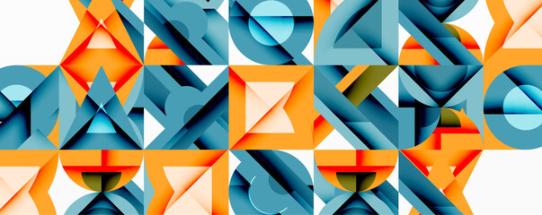 Poster - Abstract geometric pattern. Squares, triangles, circles overlap creating complex visual texture. Orange, blue hues dominate composition.