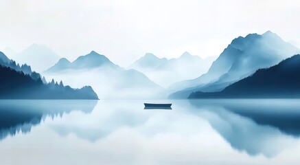 Poster - 青い霞がかかった山々と湖に浮かぶ小舟 穏やかな風景画 静寂と調和をテーマにした自然の美しさの表現