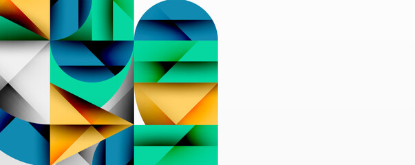 Poster - Abstract geometric composition. Shapes overlap, creating dynamic visual interest. Colors blendyellows, blues, greenswith white space.