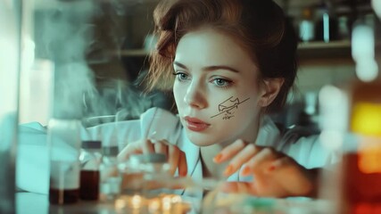 Poster - Caucasian female scientist working with a cardiograph in a laboratory filled with medicinal substances, cardiograph over caucasian female making medicine