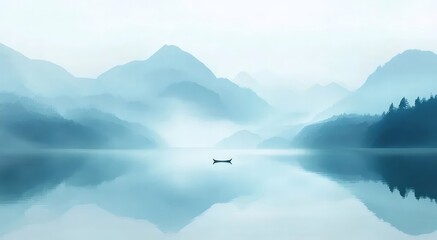 Poster - 水面と山々を望む霧に包まれたボート 青と白の色調 自然の風景画