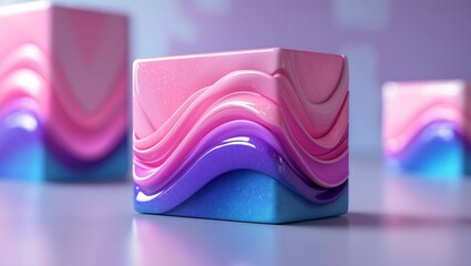 Poster - Abstract 3d cubes with wavy layers in pink purple and blue tones