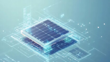 Poster - 青色発光の近未来コンピューターチップ デザイン 基板グリッドに囲まれ 抽象的なデジタル世界
