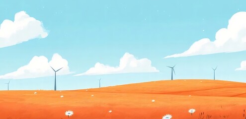 Aufkleber - 青い空とオレンジ色の丘の上のピクセル風力発電機の風景画