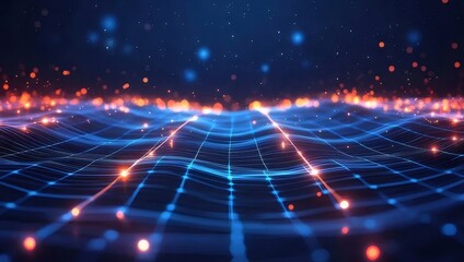 Aufkleber - 青とオレンジの輝く光線が広がる未来的なデータネットワークの抽象的な背景