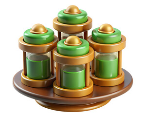 Poster - 3d rendered illustration of four stylized hourglasses in a vibrant green color palette with a golden top and base, set on a wooden platter.